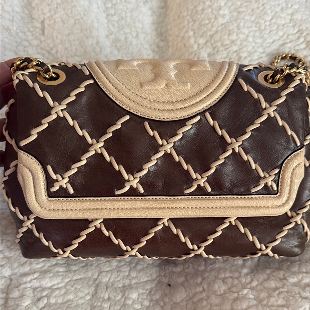 Tory Burch Fleming Brown and Cream Quilted Shoulder Bag